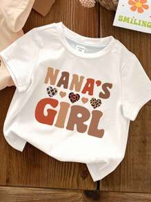 SHEIN 3 件套女婴休闲简约豹纹心形字母“Nana's Girl”手绘心形图案奶油白色圆领短袖 T 恤，适合春夏季，女婴衣服 - 彩色 - 查看 4