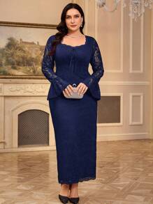 Modelyn 大码女式长款优雅蕾丝拼布方领连衣裙 - 藏蓝色 - 查看 3
