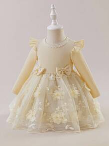 Glamorique Kids Vestido de manga larga para bebé/niña pequeña con bordado y diseño de manga de encaje, adecuado para varias ocasiones, que muestra un estilo elegante y lujoso - Albaricoque - Ver 4