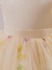 Glamorique Kids 1pc Baby Girls Christening Formal Dress, Flared Sleeves V-Neck Pearl Beaded Embroidered Mesh Ruffle Princess Dress With Raised Cinched Waist Design