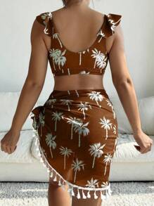 3pcs Women's Green Palm Tree Fringed Halter Bikini Swimwear With Sarong Beach Skirt Set Tropical Vacation Beach Bikini Set For Summer
