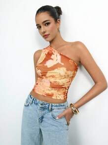 Maija Îmbrăcăminte de vară portocalie pentru femei, decolteu asimetric, imprimeu floral integral, croială moale cu volane, minimalist, elegant și confortabil pentru festivaluri de muzică, ținută casual de zi cu zi/birou, maiou scurt fără mâneci din plasă tricotată - Portocale - Vizualizare 8