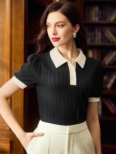 Vintamour Vintage Elegant Women Polo Collar Ribbed Jacquard Casual Commuter Vacation T-Shirt Summer Tops Vacation Women Tops Women Business Casual Woman Summer Clothes Going Out Tops Women Spring Break Vacation Women Office For Women Church Clothes Women Summer Tops Women Back To School Teacher For Women Women Clothes School Clothes Back To School Clothes Clothes Office For Women