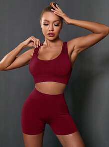 Powerista Conjunto deportivo de top sin espalda y pantalones cortos de unicolor sin costuras - Burdeos - Ver 5