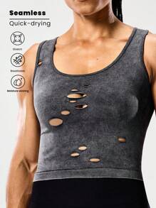 SHEIN Sports Charcoal Gray Women's Seamless Yoga Tank Top,Distressed Hollow-Out Design Matte Finish Crop Workout Top,Summer Athleisure Gym Wear For Running - Multicolor - View 1