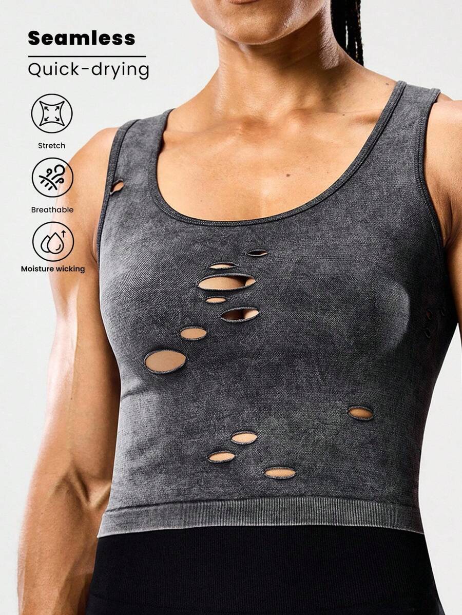 SHEIN Sports Charcoal Gray Women's Seamless Yoga Tank Top,Distressed Hollow-Out Design Matte Finish Crop Workout Top,Summer Athleisure Gym Wear For Running - Multicolor - View 1