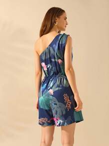 CAJUNI 女式休闲夏季褶皱腰无袖印花连体衣 - 黑色 - 查看 2