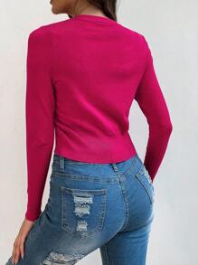 EMERY ROSE Casual & Versatile Plain Color Cropped Cardigan Knitted Powdered Rose Casual Spring Fall Winter Cardigan - Hot Pink - View 2