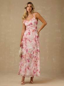 Enchnt Frühlings-/Sommer-romantisches Damen-Maxikleid mit rosa Blume Muster, Spaghettiträgern, geraffter Taille und Rüschensaum, süß und elegant für Urlaub, Date, Feiertage, Party, Abschluss, Hochzeitsgast, Strand, Abschlussball, Sommerkleider für Damen, Sommerkleider, Sommerkleidung, elegante Partykleider, Boho-Kleidung für Damen