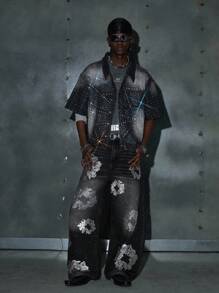 NEON BLANC Jeans casuales de corte holgado, de ajuste relajado, con patrón floral de rhinestones para hombre