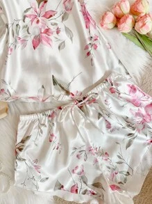 LuxeNights 2 Stücke/Set Damen sexy tiefer V-Ausschnitt Trägerhemd, bedruckte Shorts, eleganter Satin Schlafanzug, ganzjährig auch außerhalb zu tragen
