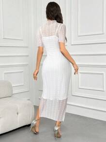 Modelyn 对比色蕾丝开叉后背优雅连衣裙，适合夏季长款晚礼服