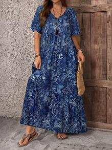 EMERY ROSE Vestido largo casual de cuello en V con estampado de plantas, talla grande, de estilo campestre casual para vacaciones, sencillo y con estilo para el uso diario, blusas de verano para mujer, conjuntos de verano para mujer