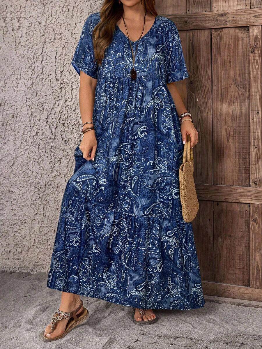 EMERY ROSE Vestido largo casual de cuello en V con estampado de plantas, talla grande, de estilo campestre casual para vacaciones, sencillo y con estilo para el uso diario, blusas de verano para mujer, conjuntos de verano para mujer