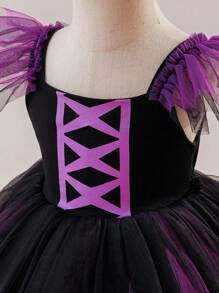 Glamorique Kids Girls' Princess Dress, Halloween Black And Purple Contrast Mesh Floral Dress, Small Flying Sleeves, Halloween Costume, Halloween Dress-Up Costume, Autumn Dress, Birthday Party Dress, Seasonal Mesh Dress, Knitted Camisole Dress, COS Costume Fall Winter
