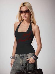 Pretty Bratty Summer Casual Letter Print Halter Neck Backless Top 70s Tops Top Y2K Outfits SXY 2000s Cute Top Back To School Club Outfits Women Sexy - Dark Grey - View 2