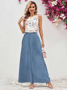 SHEIN Clasi 2 件套女士蓝白休闲简约花卉图案服装，适合夏季 - 藍色 - 查看 3