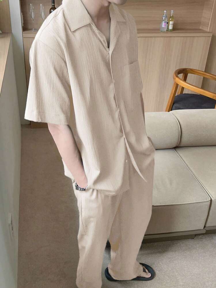 Summer Solid Color Beige Short Sleeve Top And Pants Set, Paired With Men's Shirt, Cozy Outfits