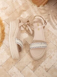 Styleloop Women's Woven Rope Platform Wedge Sandals, Vacation Style BOHO Chic Retro American Western Music Festival Party Outfit Valentine's Day - Apricot - View 7