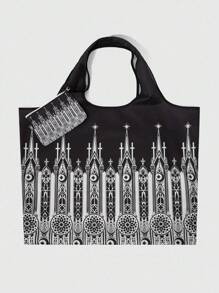 ROMWE Dark Gothic Castle Print Portable Women Tote Bag, Halloween, Halloween Bags Perfect For Fancy Party Matching With Halloween Costumes - Multicolor - View 3