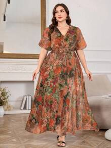 Modelyn Đầm tay ngắn cổ chữ V in hoa sang trọng thanh lịch mới - trái cam - Xem 3