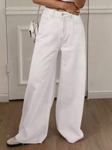 Livesso 夏季新款纯色休闲度假商务休闲风女式白色牛仔裤