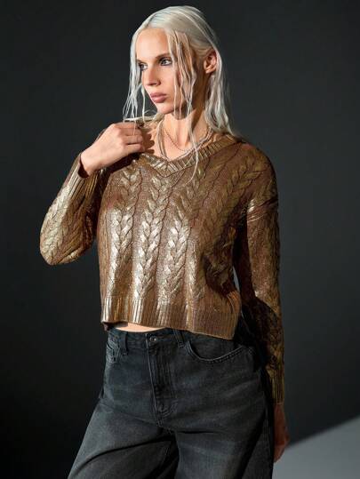 CasuGlow Women V-Neck Cable Knit Foil Print Knit Pullover Sweater,Jumper,Cream Jumper,Jumpers,Black Jumper,Womens Jumper,White Jumper,Women's Jumper,Women's Jumpers,Winter Clothes