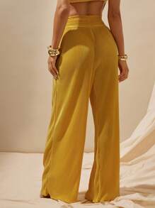 Vixey Solid Pleated Yellow Satin Side Zipper High Waist Wide Leg Pants - Yellow - View 5