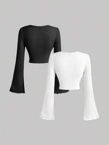 SHEIN MOD 2pcs Black & White Women Sweetheart Collar Ruffle Flare Sleeve T-Shirt, Classy Tops,Fall Clothes For Women,New Year, Elegant Tops,Going Out Tops, Wrap Tops For Women,Halloween, Christmas, Winter Clothes,Business Casual Woman,Works For Women,Boho - Black and White - View 2