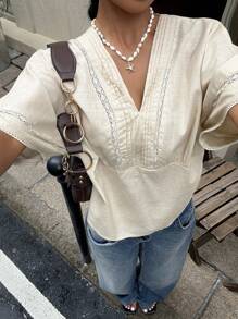 Siren Gaze Áo sơ mi vải lanh pha trộn họa tiết sọc dành cho nữ - Màu be - Xem 4