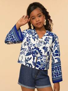 SHEIN Tween Girls' Floral Pattern Long Sleeve Casual Vacation Blouse - Blue and White - View 4