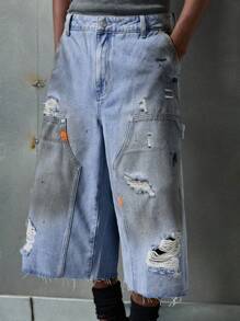 NEON BLANC Men's Washed Distressed Wide Leg Denim Shorts - Blue - View 5