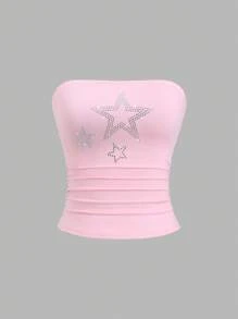 Chiquease Top bustier ajustado y plisado con patrón de estrella de cinco puntas con rhinestones para mujer - Rosa - Ver 1