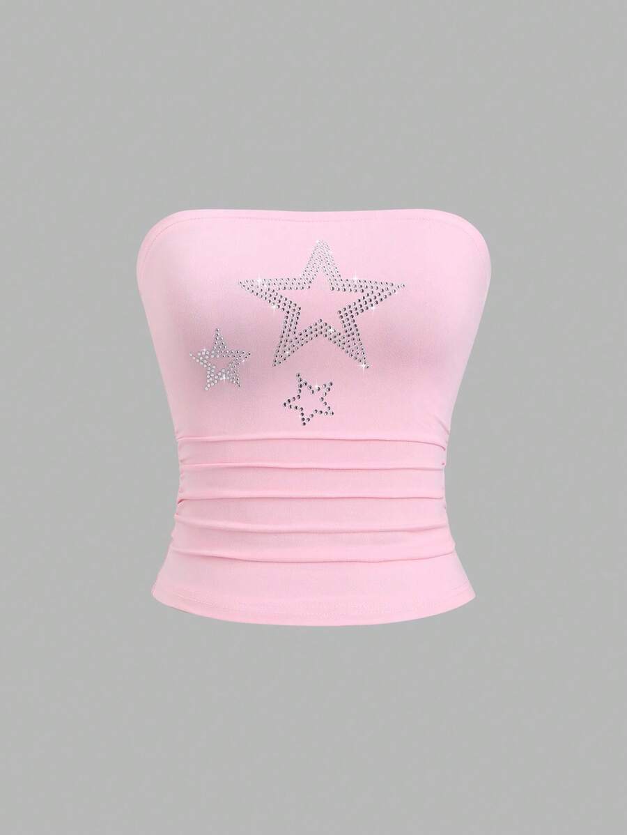 Chiquease Women's Rhinestone Five-Pointed Star Pattern Pleated Slim Fit Bustier Top - Pink - View 1