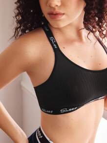 1pc Women's Wide Strap Letter Print Simple Casual Bra - Black - View 5