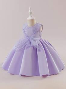 Glamorique Kids Vestido de princesa para bebé niña con escote bordado elegante y lazo, adecuado para ocasiones formales, cumpleaños, bodas, regalos de aniversario. Vestido de bebé niña color lila lavanda, vestido de fiesta para bebé niña, vestido elegante morado para bebé niña - Púrpura malva - Ver 4