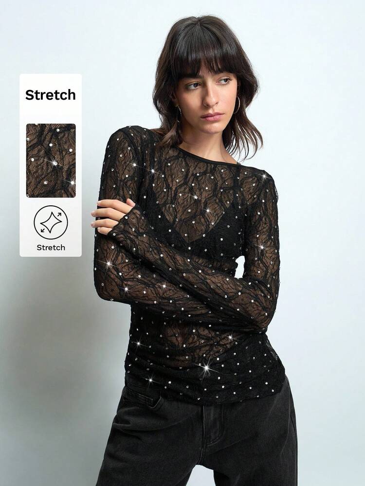 SHEIN Maija Women's Black Boat Neck Long Sleeve Textured Fabric Crystal Back Reveal Fitted Elegant Sexy Urban Party T-Shirt, Spring Festival