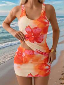 Swim Lushoire Set de 2 bucăți pentru femei, cu imprimeu floral, cu bretele spaghete, top de bikini și fustă mini, stil european și american pentru vară - Multicolor - Vizualizare 2