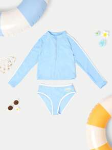 SUMWON Monte Carlo 2 Pcs Swimsuit Beachwear Collection Long Sleeve Bikini Set With Logo Print Half Zip Crop Top High Waist Active Youth Beachwear - Blue - View 2