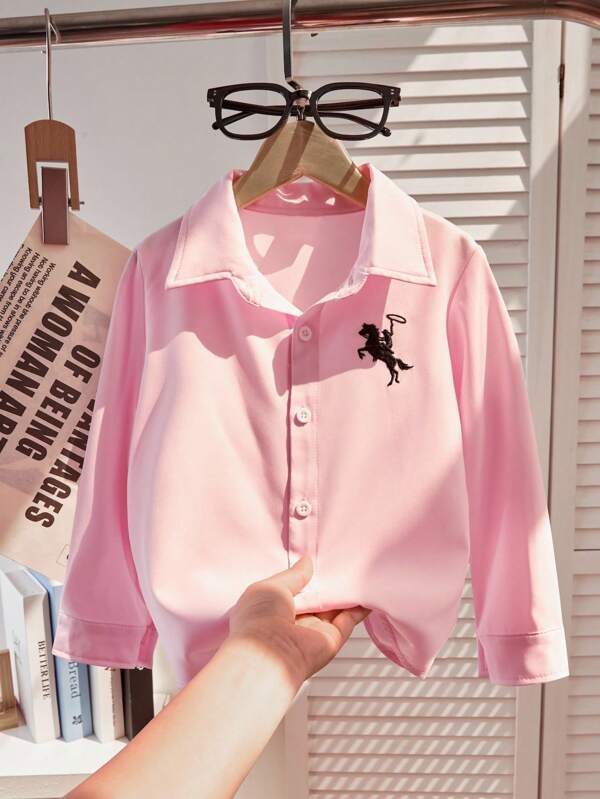 SHEIN Explorewe Girls' Simple Solid Color Button-Up Long Sleeve Cardigan Pink Shirt Kids Pink Shirt Girls Girls Pink Shirt