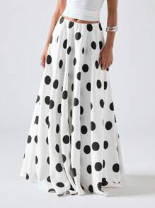 LYSMO 女士优雅圆点印花通勤长裙 - 黑與白 - 查看 1