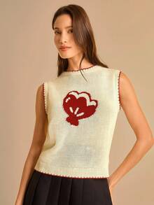 CAJUNI Women's Shell Pattern Knit Round Neck Vest, Casual & Retro In Fall/Winter - Cream - View 5