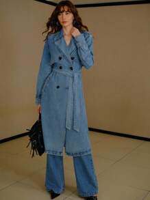 MOTF PREMIUM CASUAL ELEGANT LOOSE DOUBLE BREASTED PLACKET BELTED DENIM TRENCH COAT - Blue - View 6