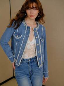 MOTF PREMIUM 毛边单排扣牛仔夹克 - 藍色 - 查看 5