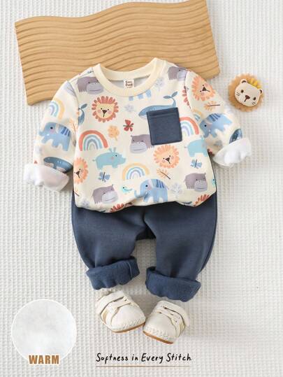 Cozy Pixies Conjunto de 2 peças de moletom com capuz e calça de cós elástico para bebê menino com estampa de animal e desenho animado