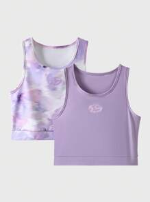 JNSQ 2 pièces/Set Gilet de sport professionnel pour préadolescentes, gilet de sport à col rond avec impression tie-dye color block, vêtements de retour à l'école
