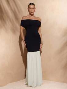 Hauture Women's Two Tone Drop Waist Two Way Neckline Cowl Neck Off Shoulder Sexy Dress, Vacation, Party - Black and White - View 3