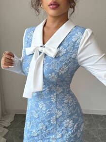 Elenzga Vestido elegante y romántico de 2 en 1 con decoración de lazo y bloques de color para mujer - Azul - Ver 4