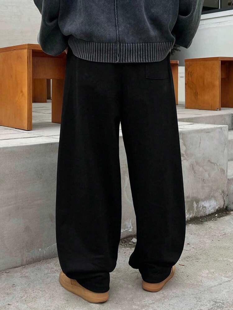 Men's Solid Color Elastic Waist Pants With Thermal Lined, Autumn/Winter