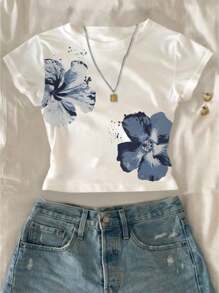 INAWLY Elegant Vacation Style Blue Floral Print Women's Slim Fit Short T-Shirt